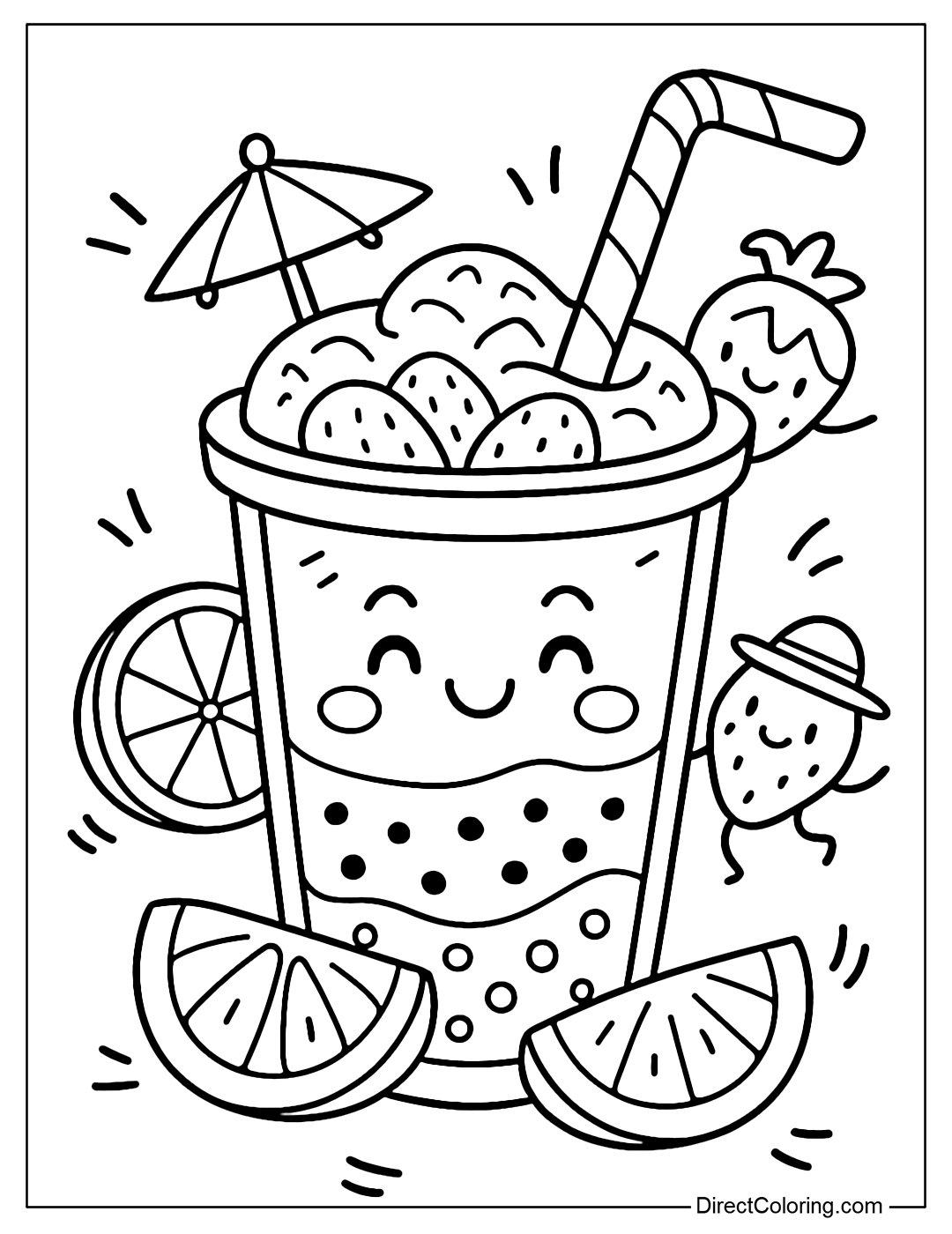 Coloring page of a large smoothie cup with a smiley face, inside is a layer of colorful fruits such as mango, strawberry and blueberry.